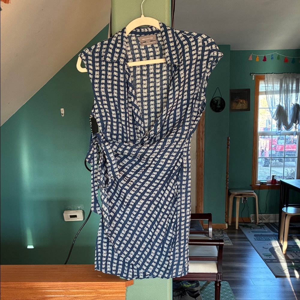 Urban Outfitters Navy Blue Wrap Mini Dress with White Geometric Print